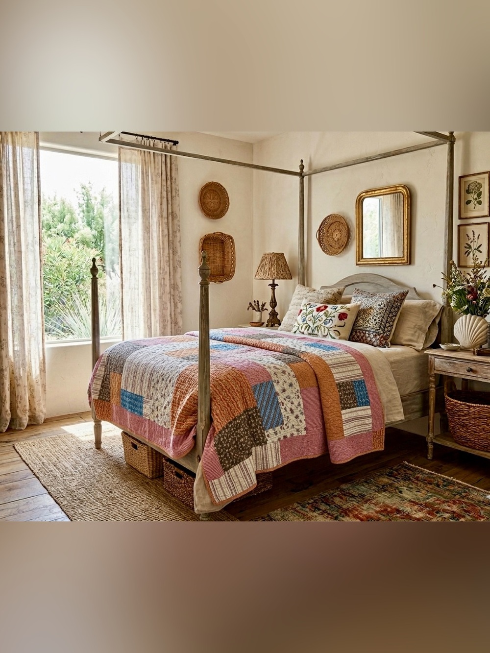 American Living Queen Size Patchwork Quilt - Floral & Stripes - Cotton Blend
